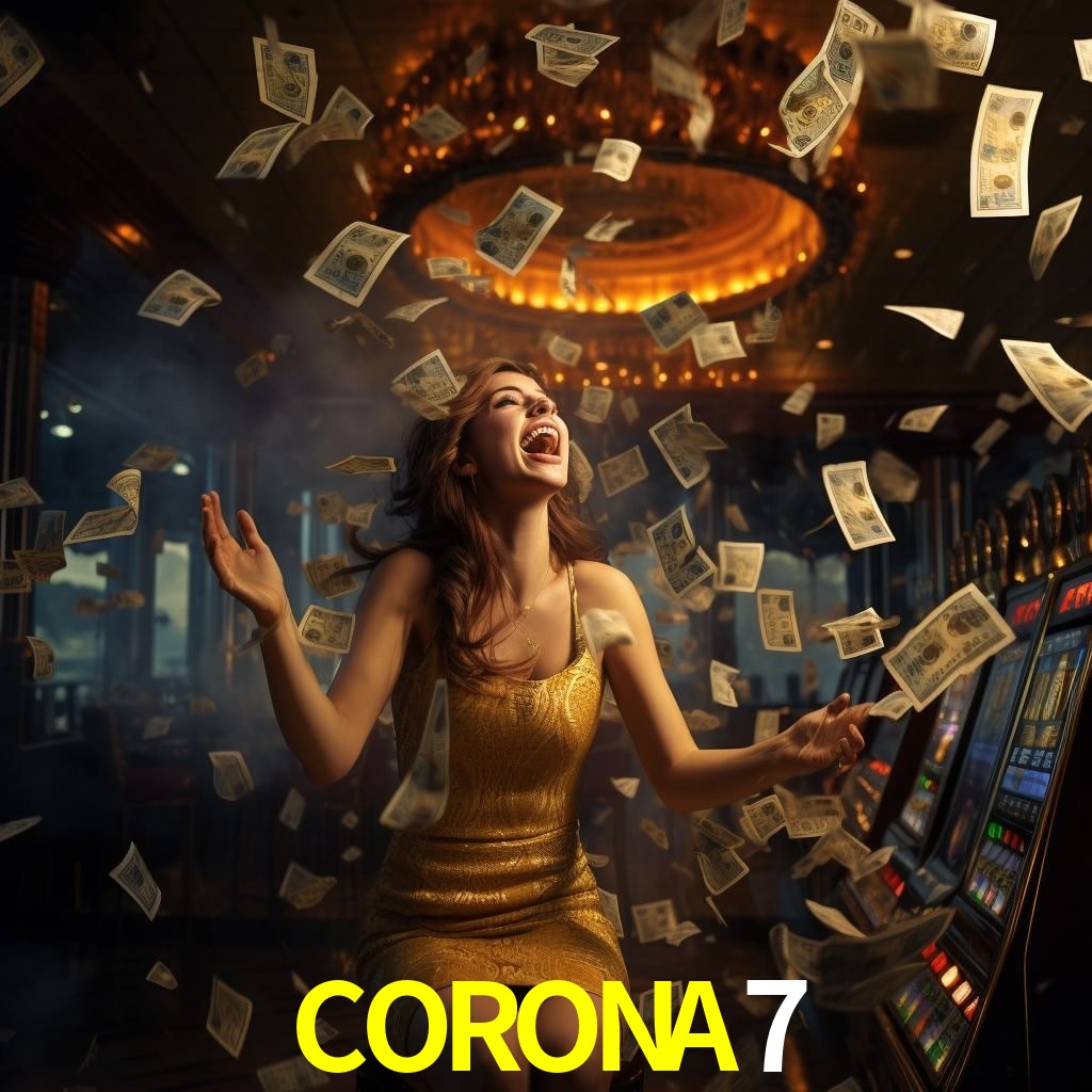Una escena digital vívida inspirada en casino con CORONA7 mostrado prominentemente, luces brillantes, fichas, cartas y acentos dorados.
